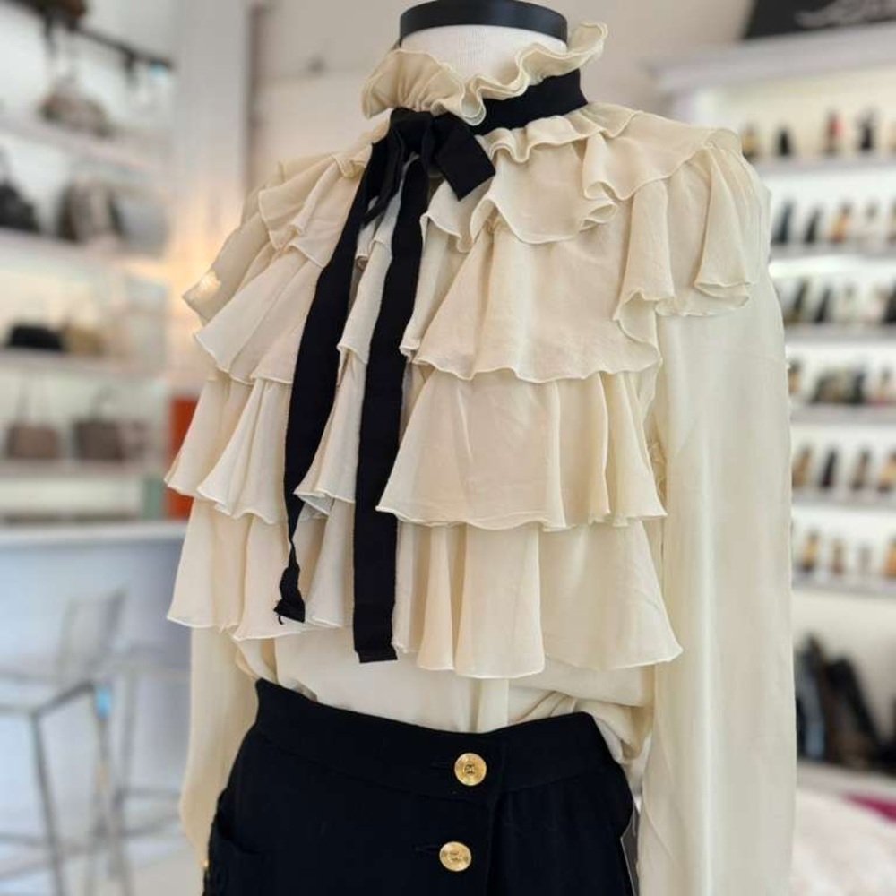 Gucci Beige Silk Blouse WIth Black Bow